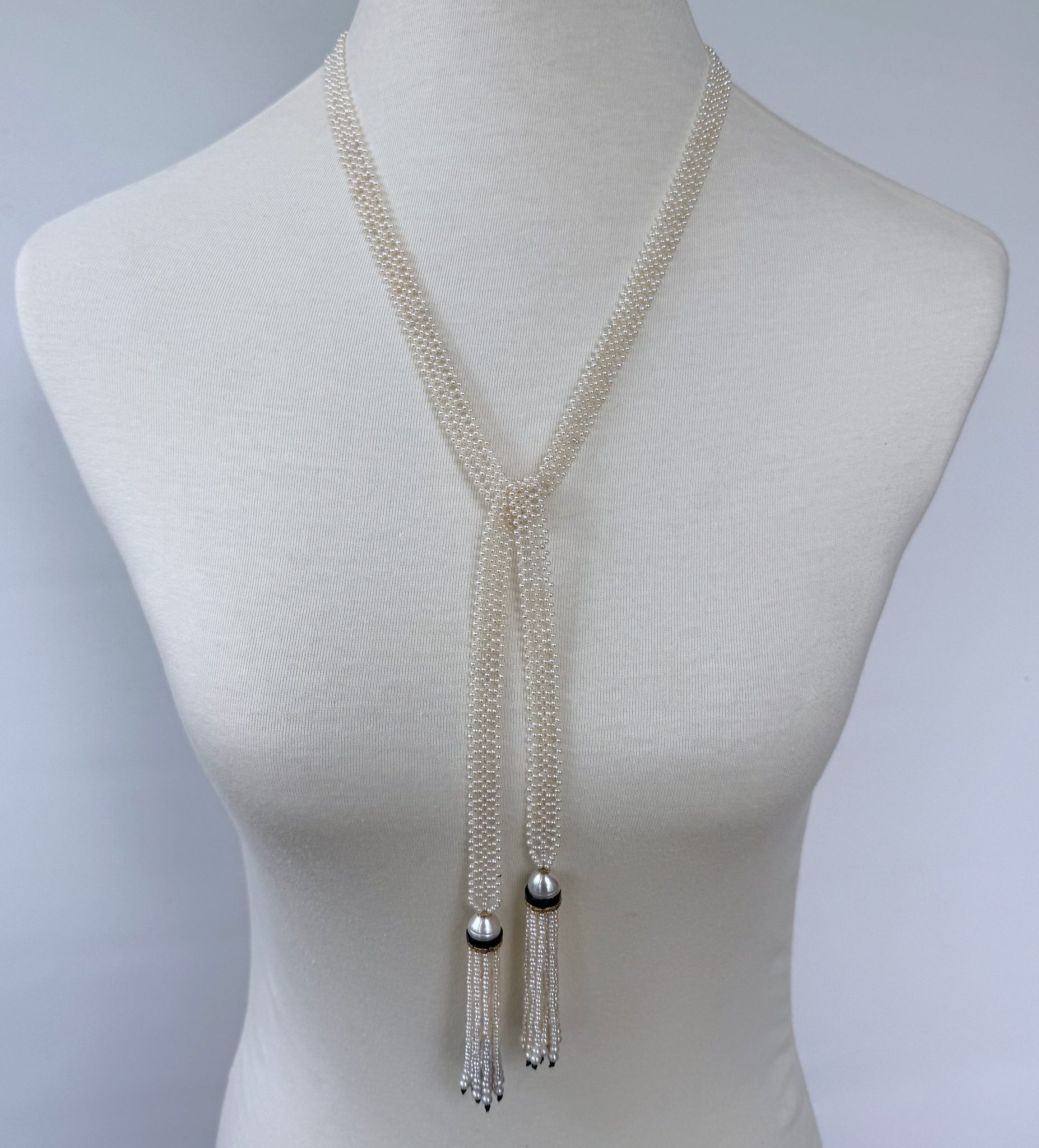 Pearl Woven Lariat Sautoir With Gold & Diamonds