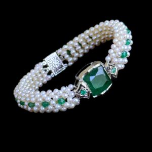 Natural Emerald, Pearl Woven Bracelet with Solid 14k White Gold