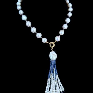 Graduated Pearl, Blues Sapphire & Solid 14k Yellow Gold Tassel Necklace