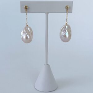 Diamond Studded Earring with Baroque Pearl & Solid 14k Yellow Gold