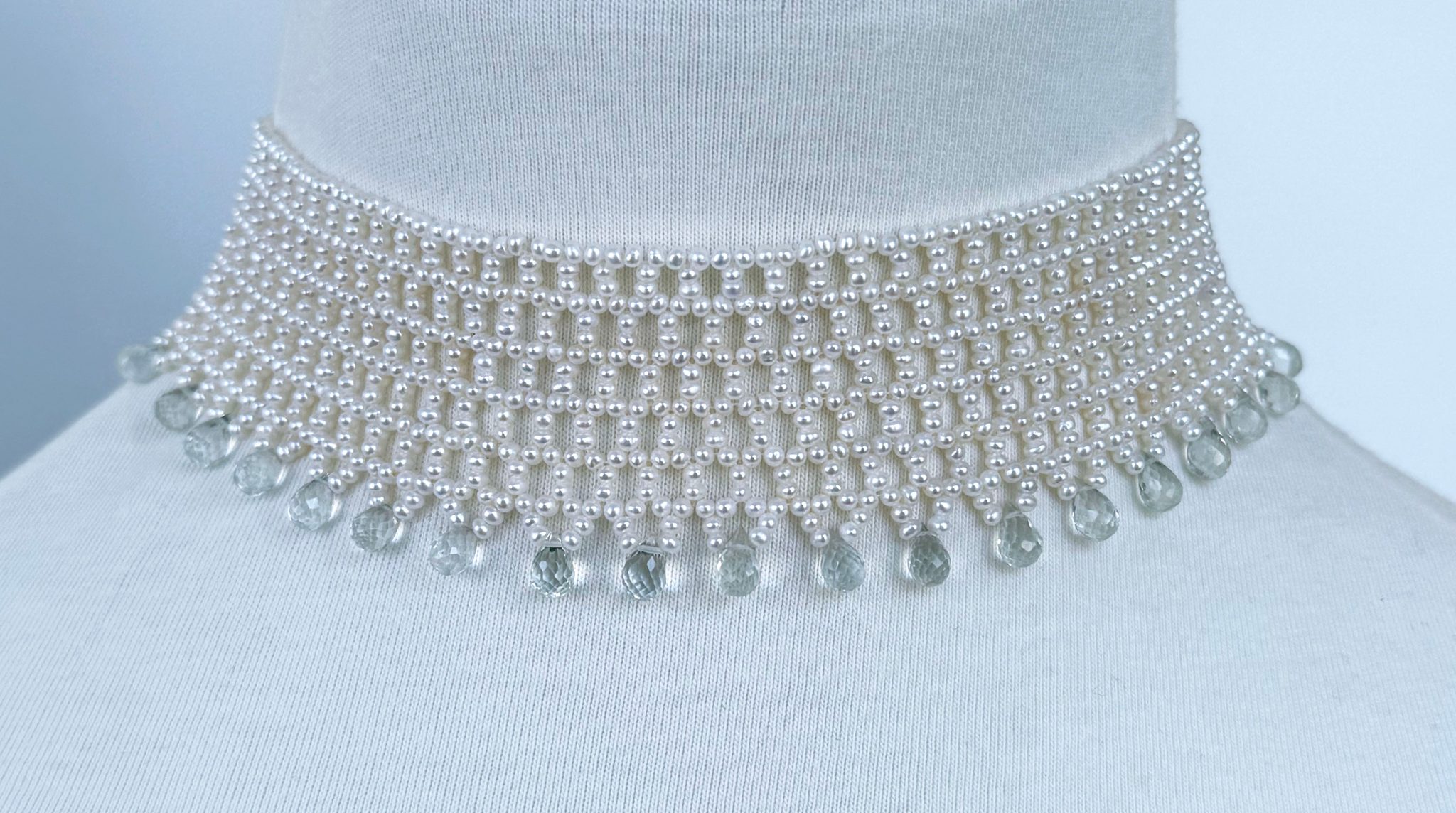 Lace Woven Choker with Aquamarine Briolettes and Sliding Clasp