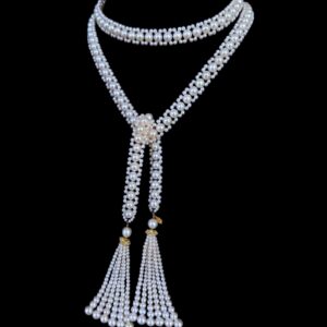 Solid 14k Yellow Gold Pearl Sautoir with Graduated Tassels