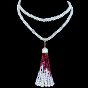 Woven Pearl Rope Sautoir with Ruby, Diamond & Solid 14k Yellow Gold Tassel