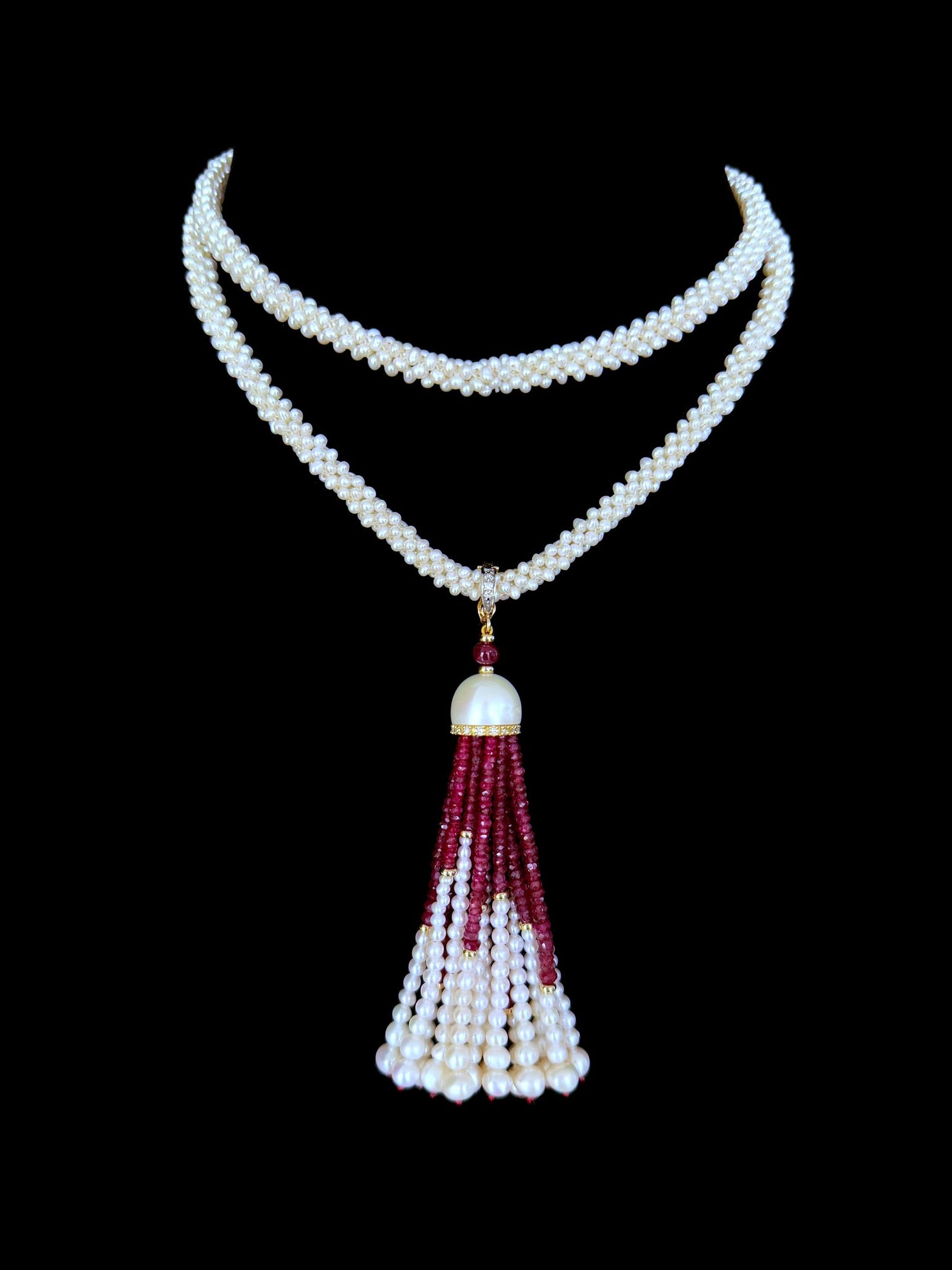 Woven Pearl Rope Sautoir with Ruby, Diamond & Solid 14k Yellow Gold Tassel