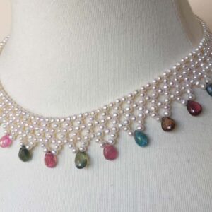 Marina J Pearl and Multi-Color Tourmaline Woven Necklace with Vintage 14k Gold