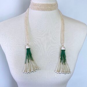 Pearl Woven Sautoir with Graduated 14k and Emerald Tassels