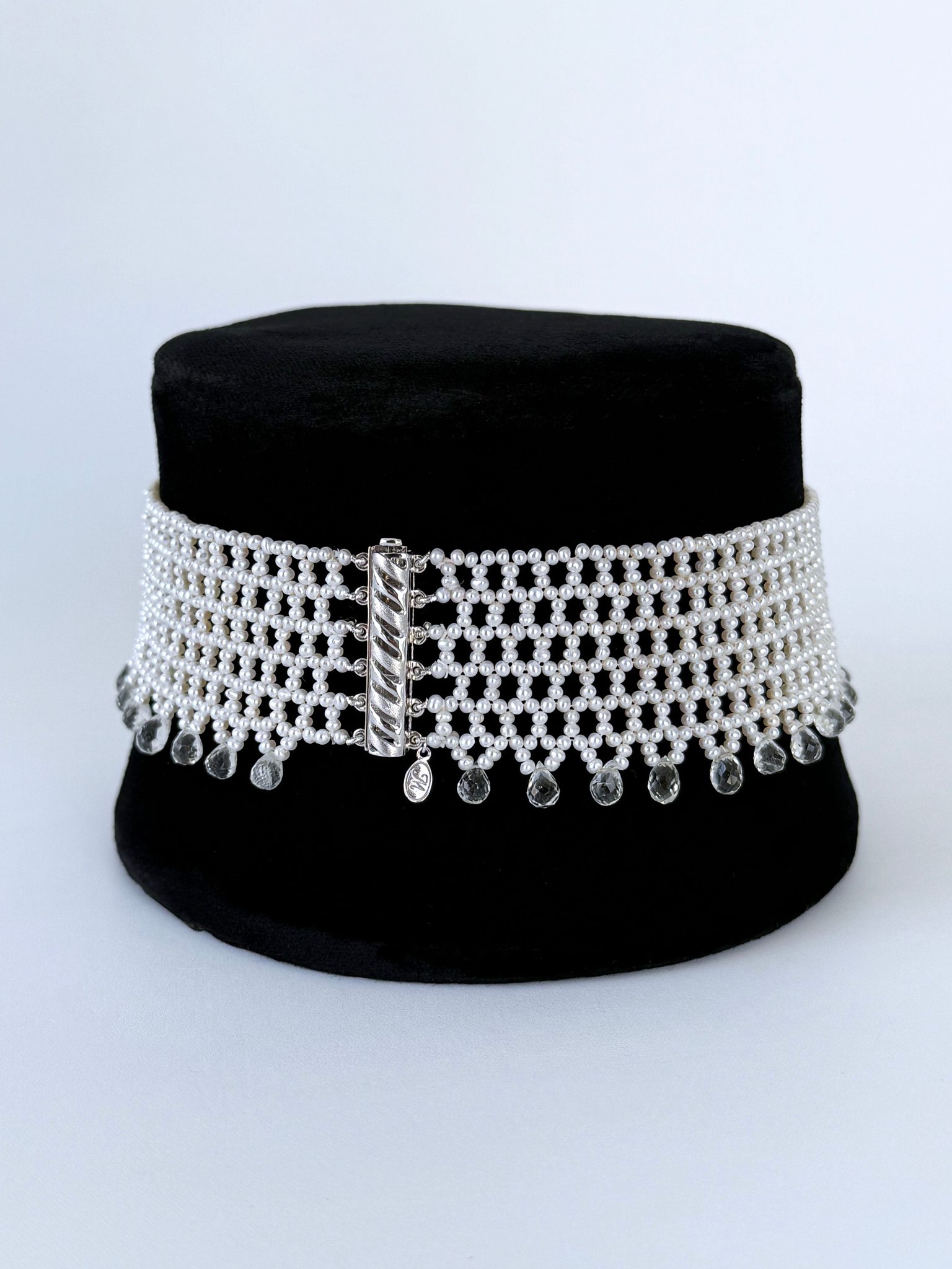 Lace Woven Choker with Aquamarine Briolettes and Sliding Clasp - Image 2