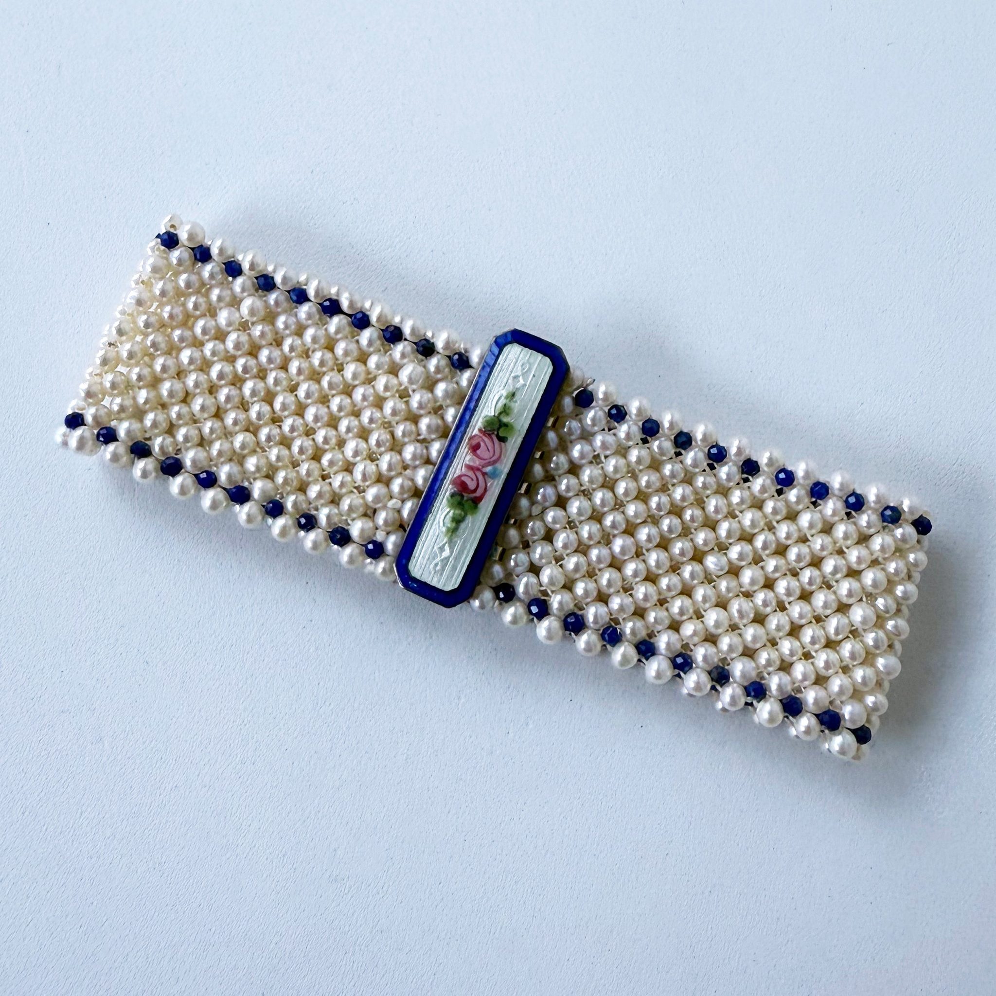 Pearl & Lapis Lazuli Woven Bracelet with Floral Enamel Centerpiece - Image 2
