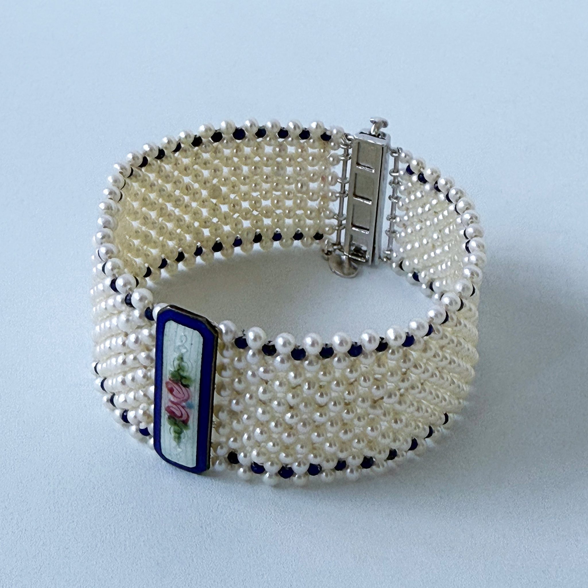Pearl & Lapis Lazuli Woven Bracelet with Floral Enamel Centerpiece - Image 3