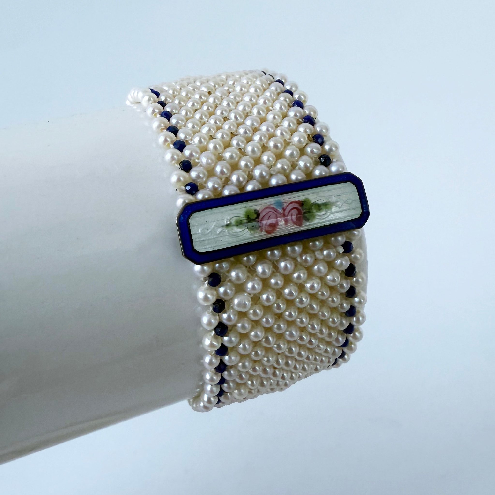 Pearl & Lapis Lazuli Woven Bracelet with Floral Enamel Centerpiece - Image 4