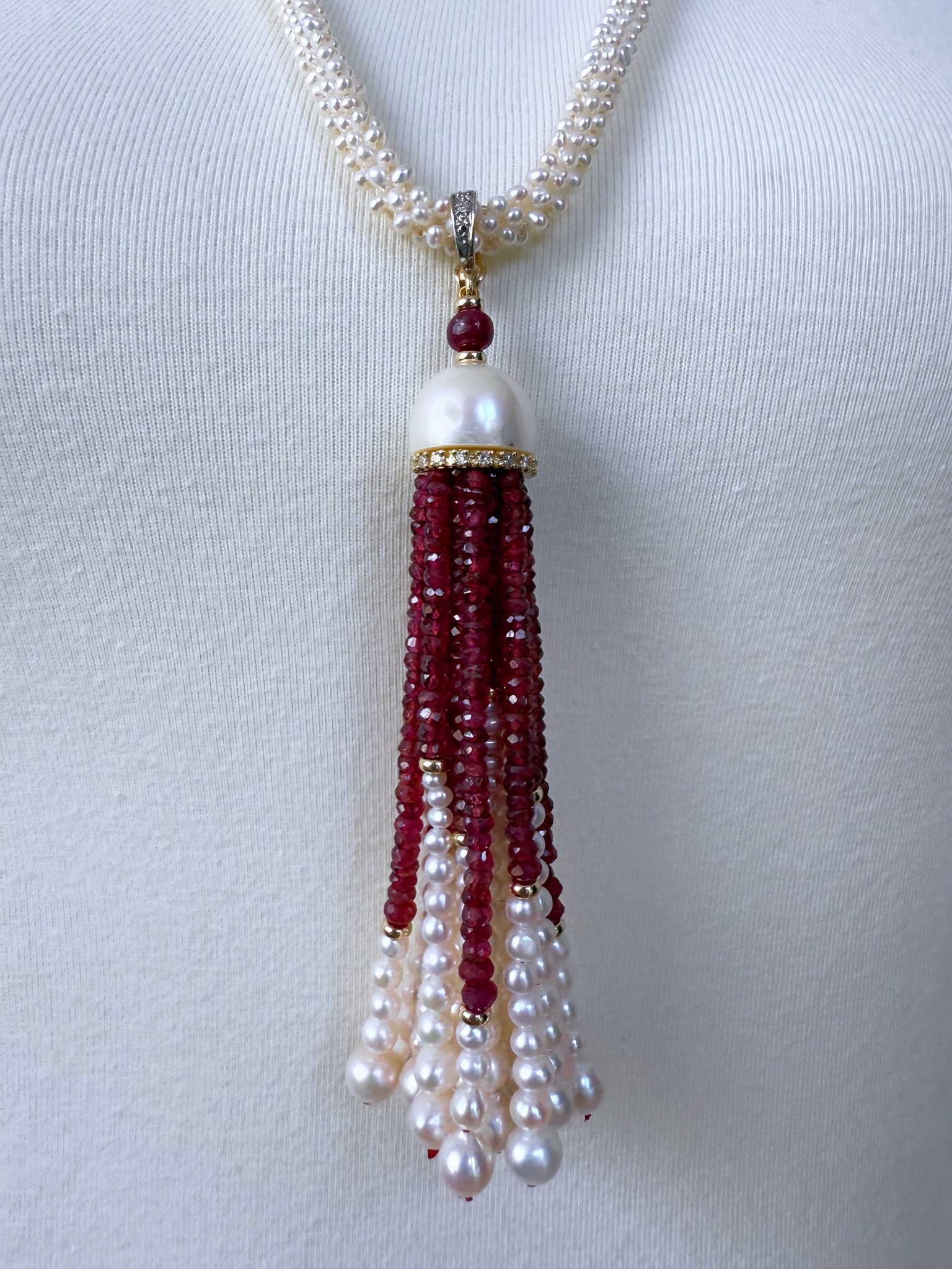 Woven Pearl Rope Sautoir with Ruby, Diamond & Solid 14k Yellow Gold Tassel - Image 5