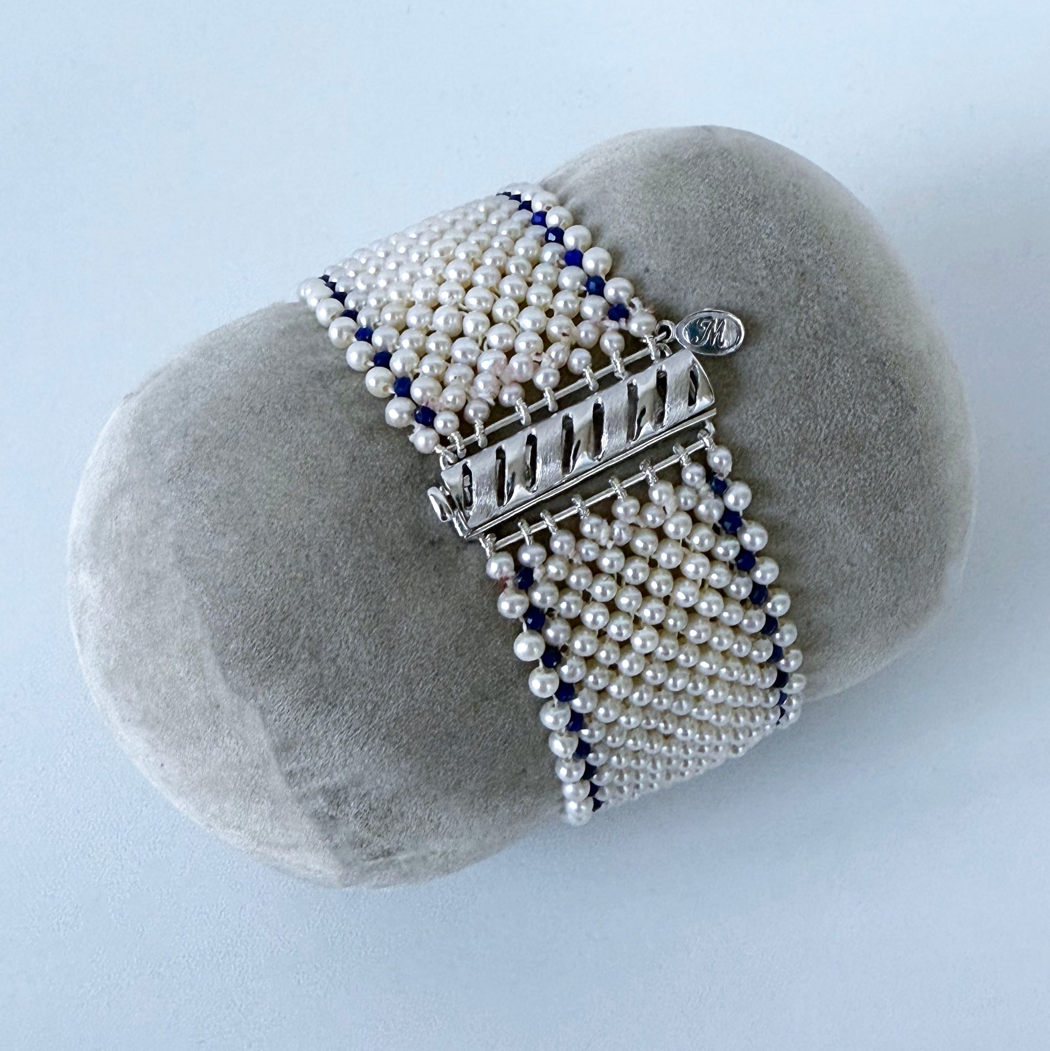 Pearl & Lapis Lazuli Woven Bracelet with Floral Enamel Centerpiece - Image 5