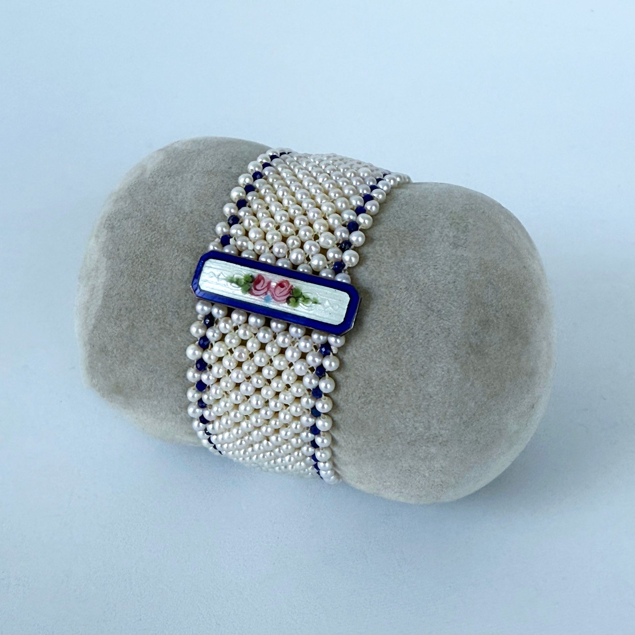 Pearl & Lapis Lazuli Woven Bracelet with Floral Enamel Centerpiece - Image 6