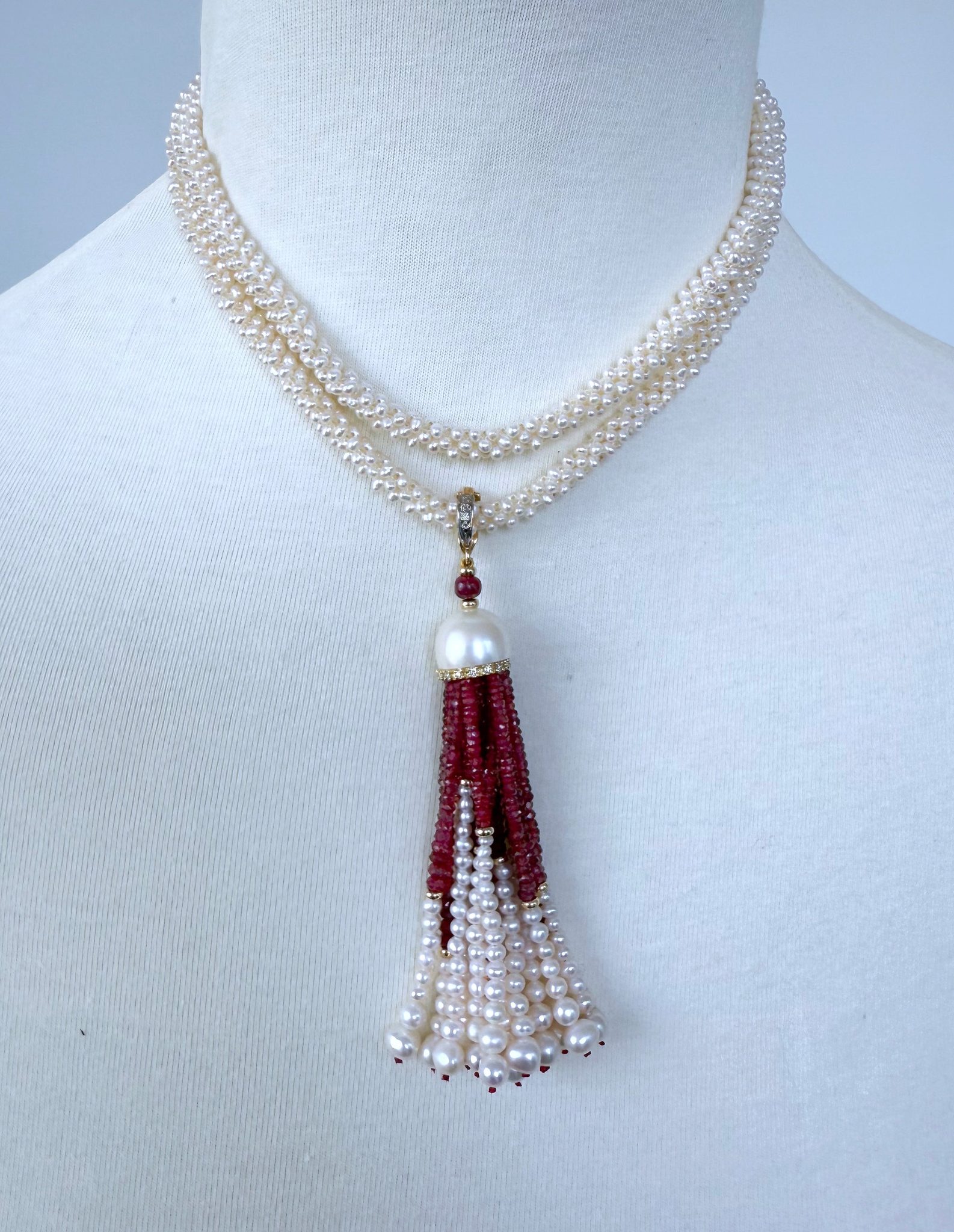 Woven Pearl Rope Sautoir with Ruby, Diamond & Solid 14k Yellow Gold Tassel - Image 7