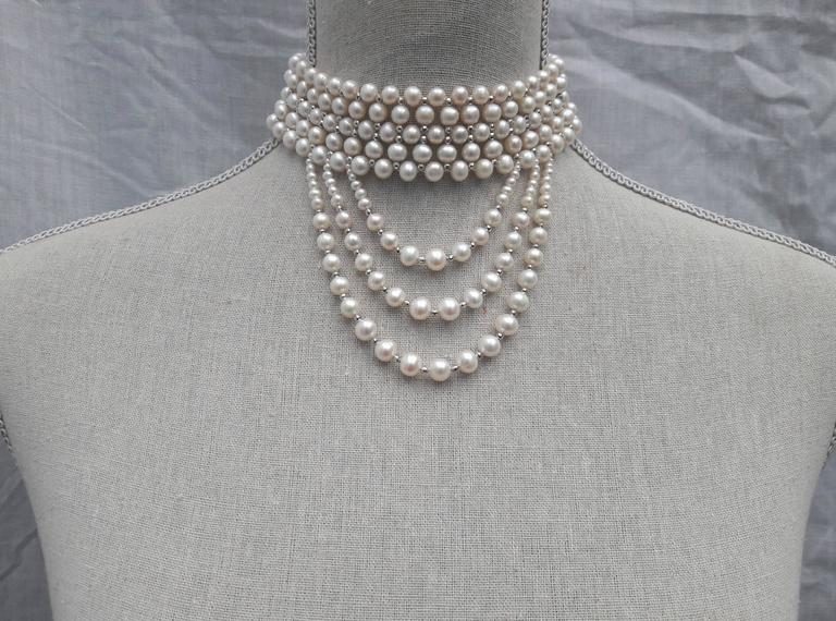 Woven White Pearl and Draped Choker with Rhodium Plated Silver - Image 8