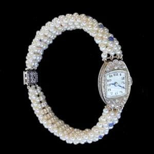 Antique French Platinum Diamond Watch with Blue Sapphires & Pearls