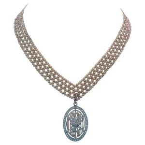 Woven Pink Pearl "V" Necklace with 14k White Gold-Plated Sliding Clasp