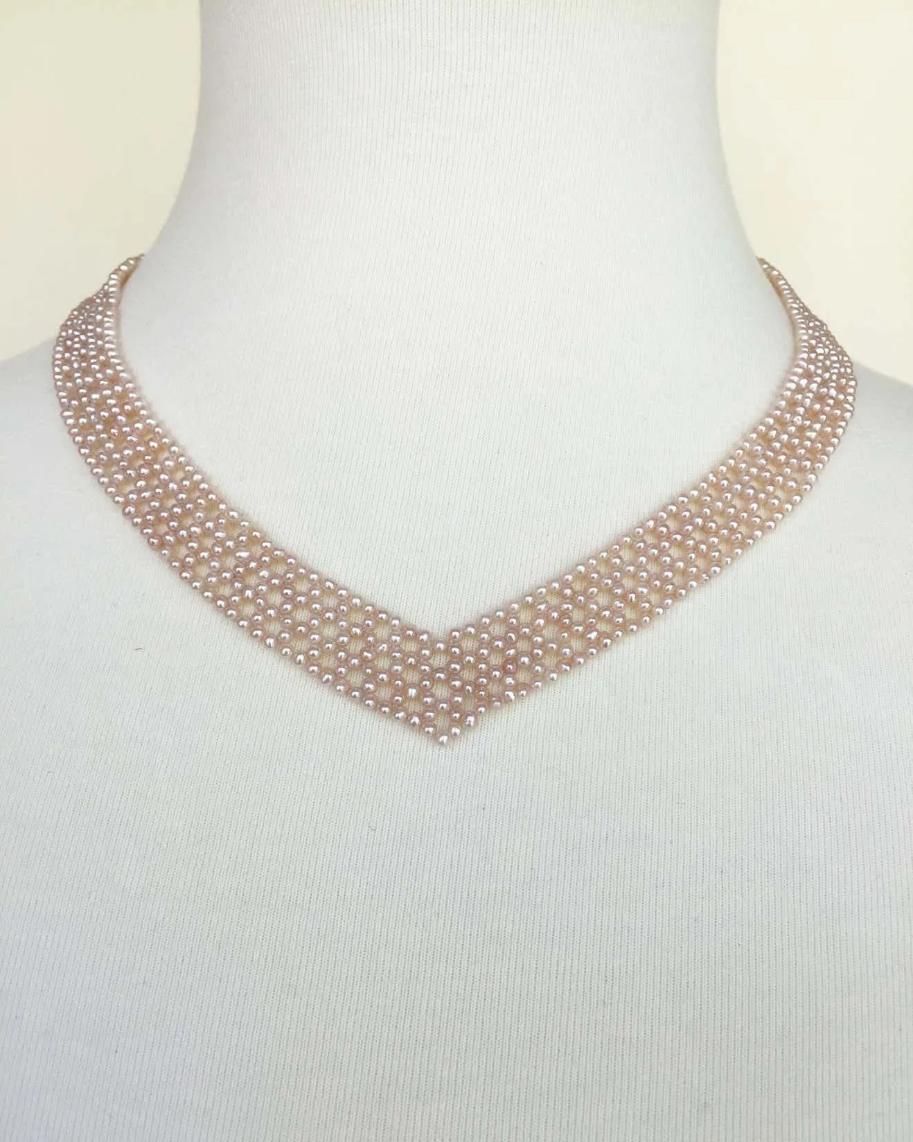 Woven Pink Pearl "V" Necklace with 14k White Gold-Plated Sliding Clasp - Image 8