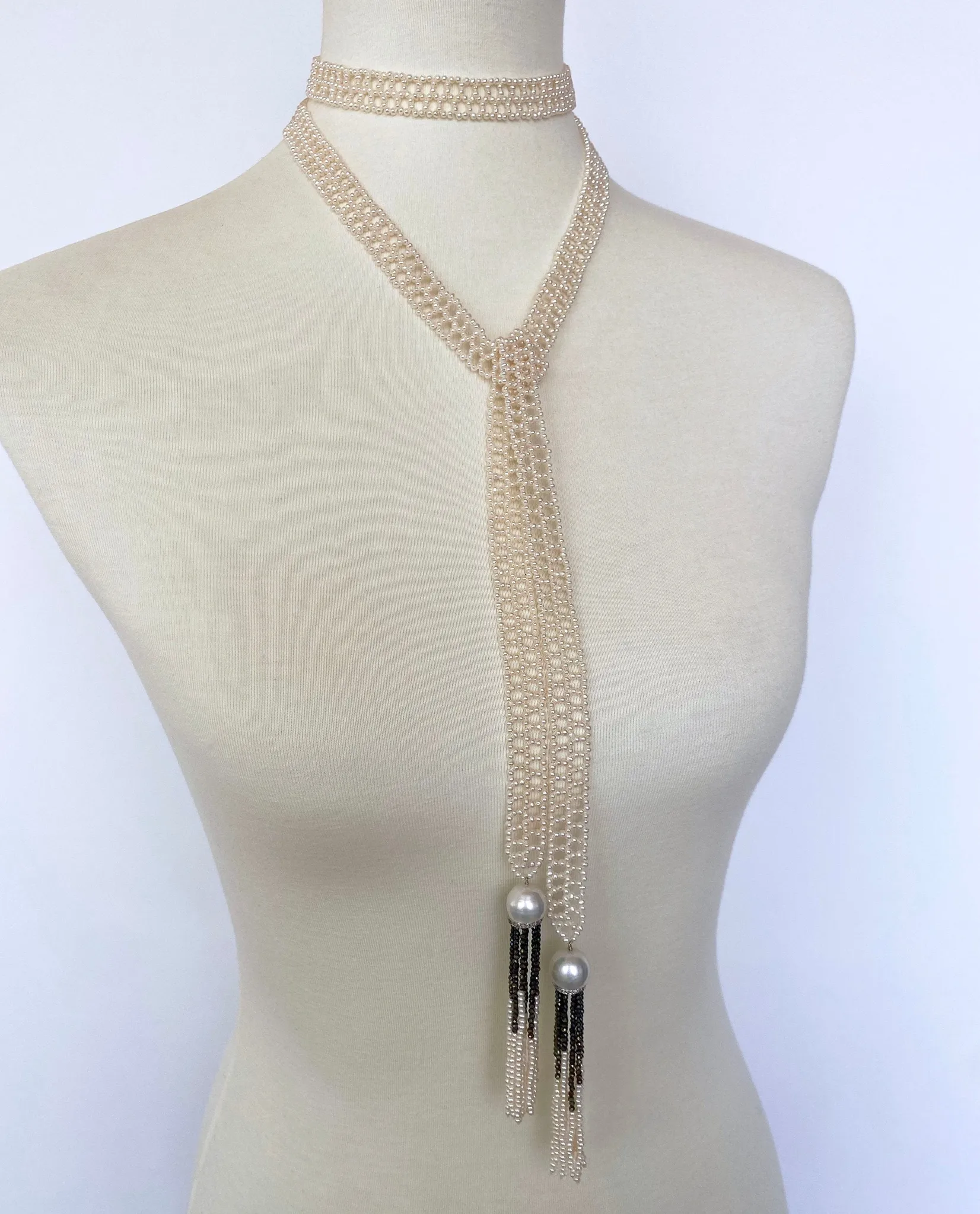 Woven Seed Pearl Sautoir with Black Onyx & 14k Yellow Gold