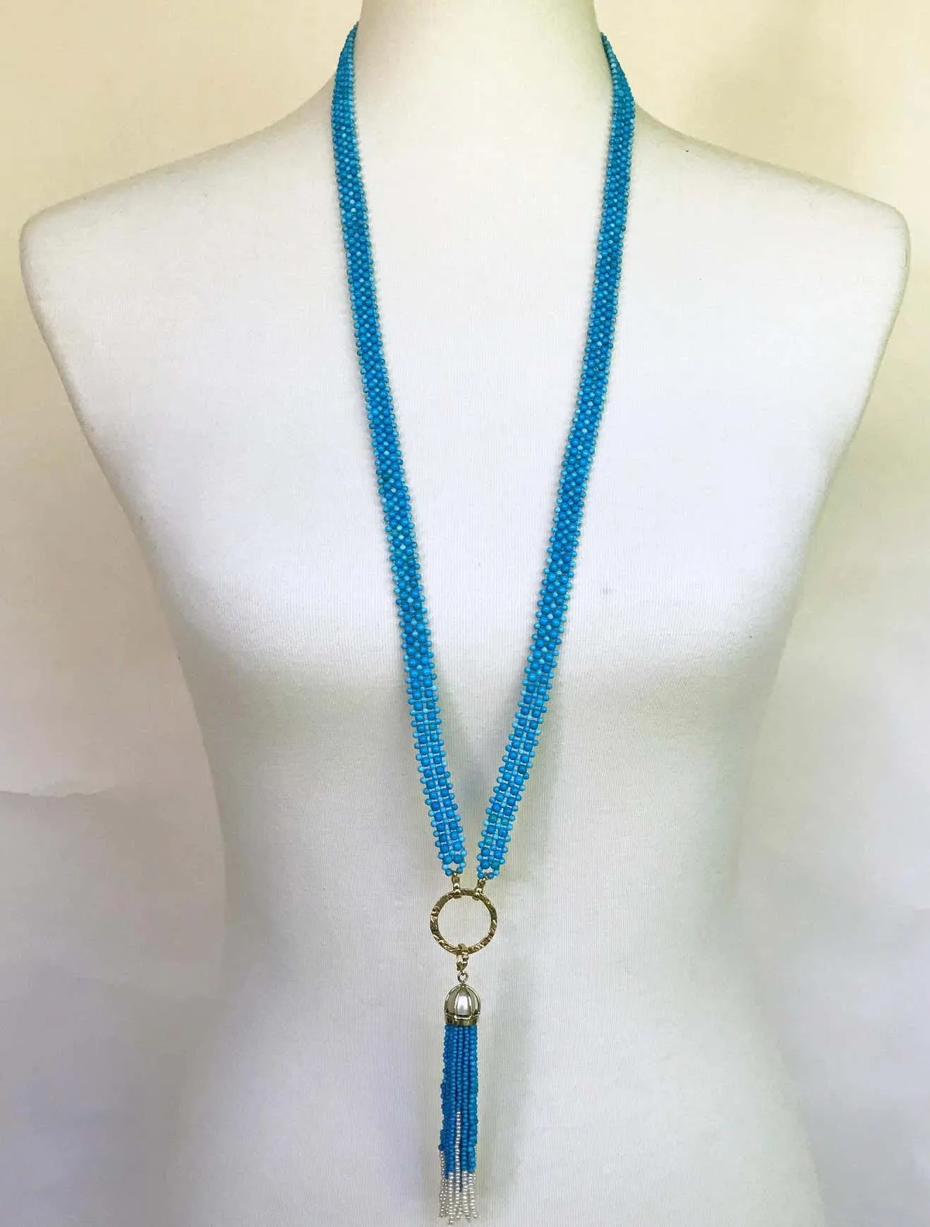 Woven Turquoise beads Sautoir with Pearls and tassel & 14K Yellow Gold - Image 3