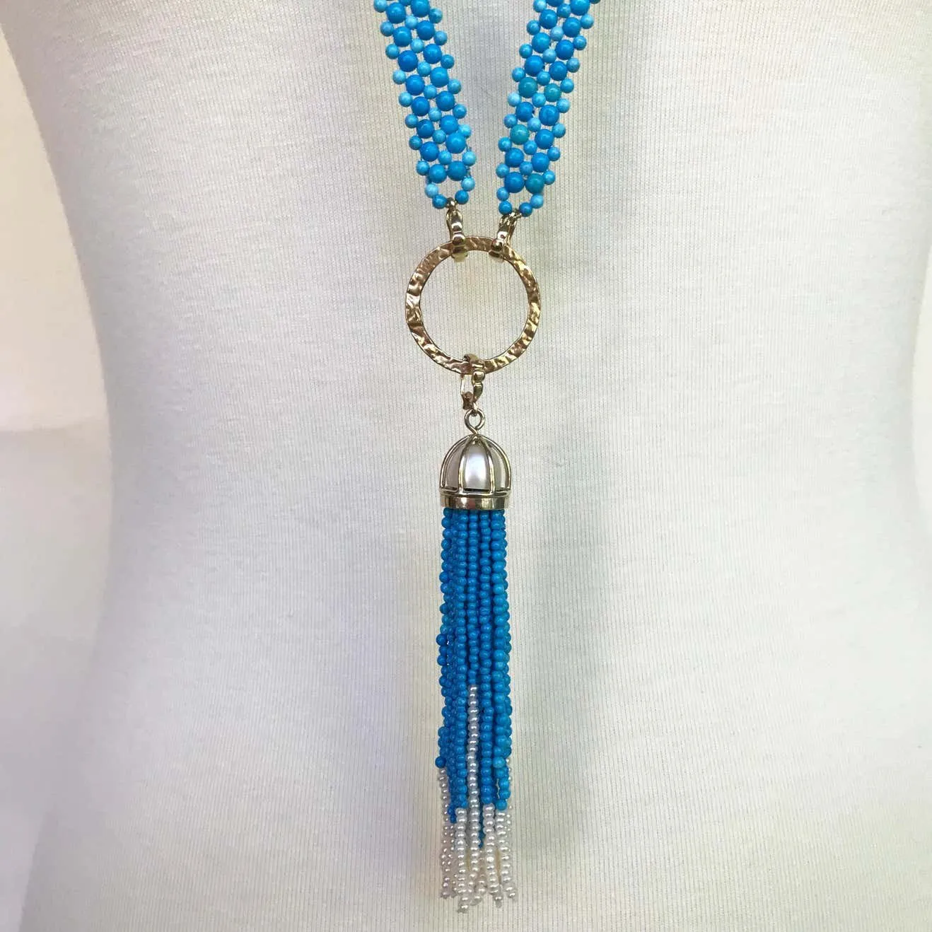 Woven Turquoise beads Sautoir with Pearls and tassel & 14K Yellow Gold - Image 4
