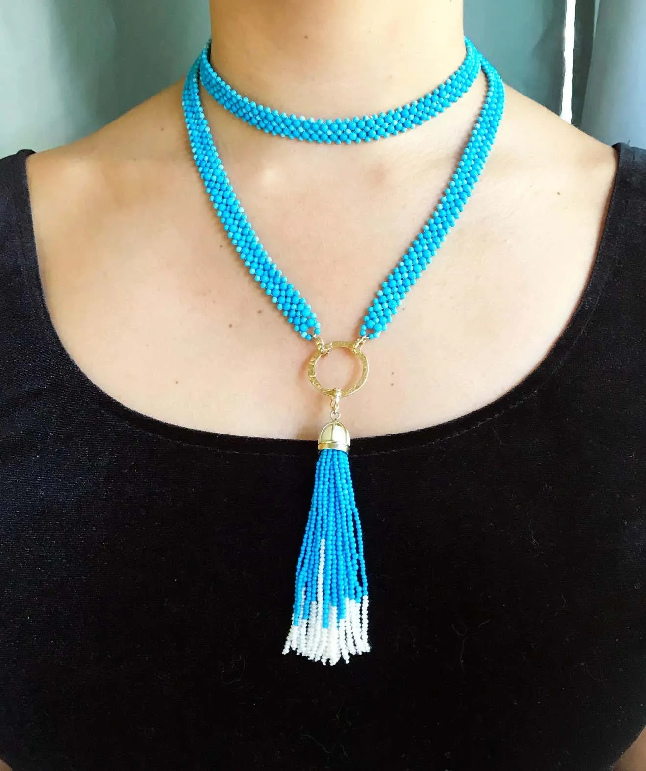 Woven Turquoise beads Sautoir with Pearls and tassel & 14K Yellow Gold - Image 6