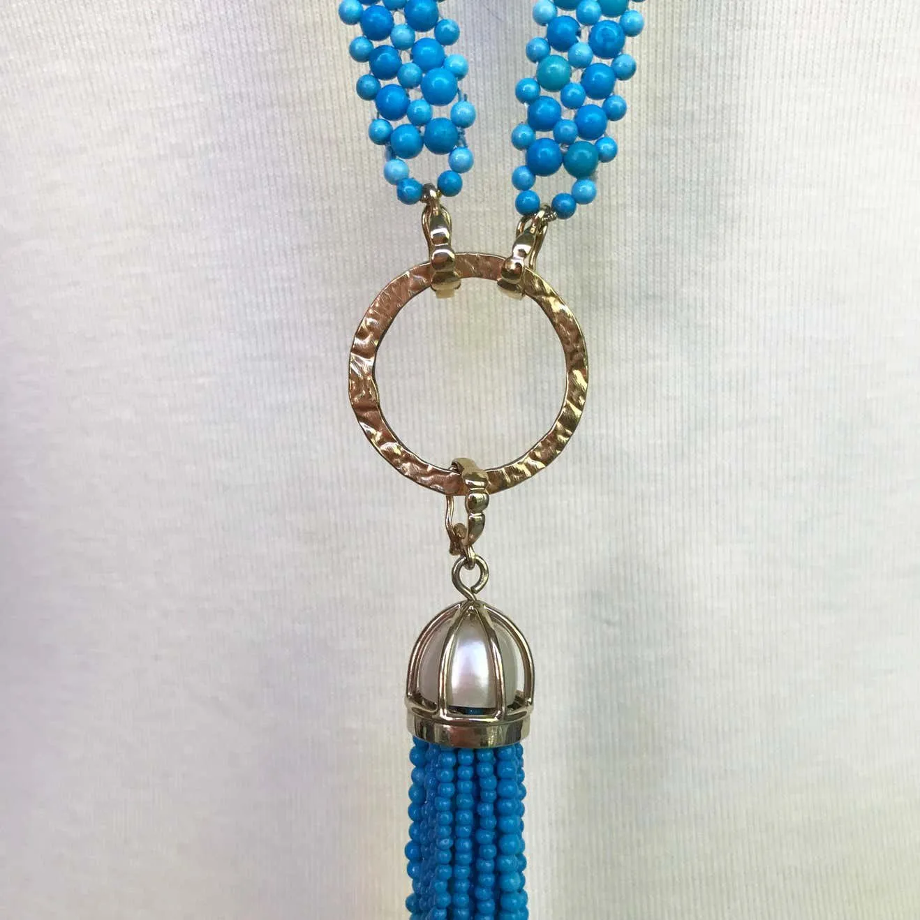 Woven Turquoise beads Sautoir with Pearls and tassel & 14K Yellow Gold - Image 7