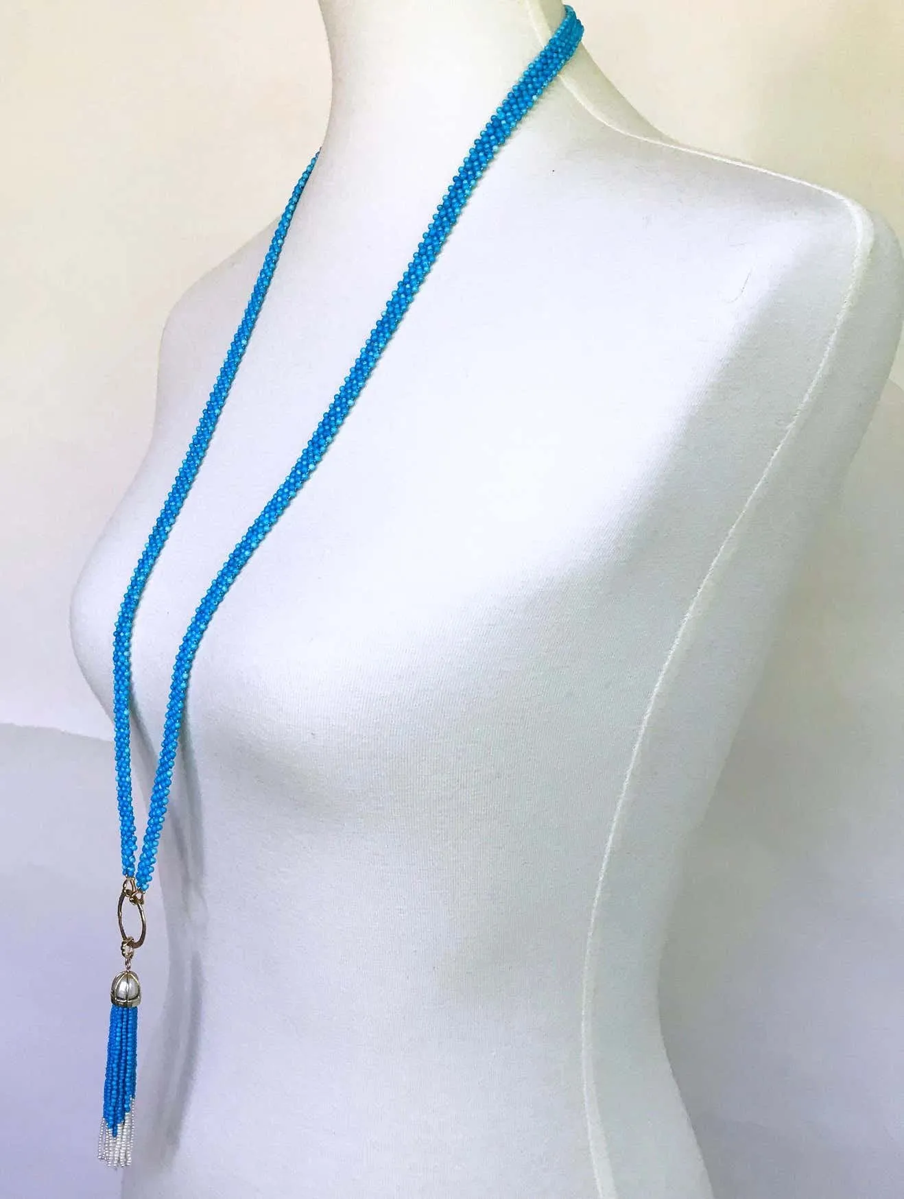 Woven Turquoise beads Sautoir with Pearls and tassel & 14K Yellow Gold - Image 9