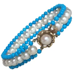 Woven Turquoise, Pearl and 14 Karat Yellow Gold Bracelet