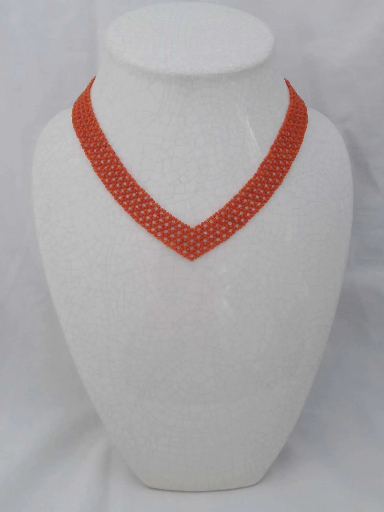 Woven "V Necklace" with Red-Orange Coral and Sliding Clasp - Image 3