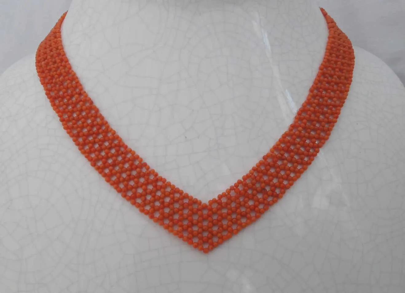 Woven "V Necklace" with Red-Orange Coral and Sliding Clasp - Image 4
