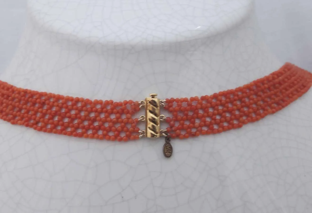 Woven "V Necklace" with Red-Orange Coral and Sliding Clasp - Image 5