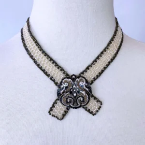 Woven White Pearl & Black Spinel Collar Necklace with Sliding Clasp & Brooch