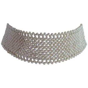 Woven White Pearl Choker Necklace with 14 k Yellow Gold Clasp